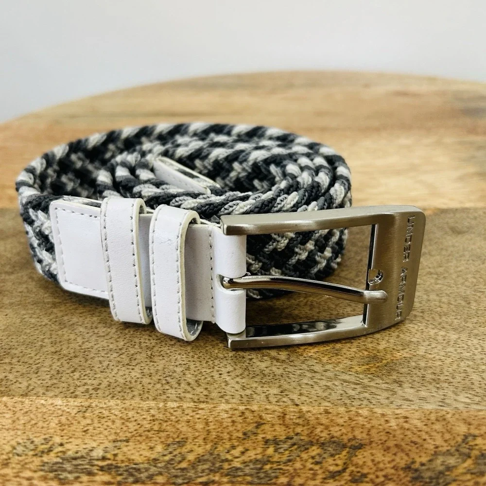 UNDER ARMOUR Gray Men's XL Braided Belt  Brushed Buckle White Leather Trim 47.5